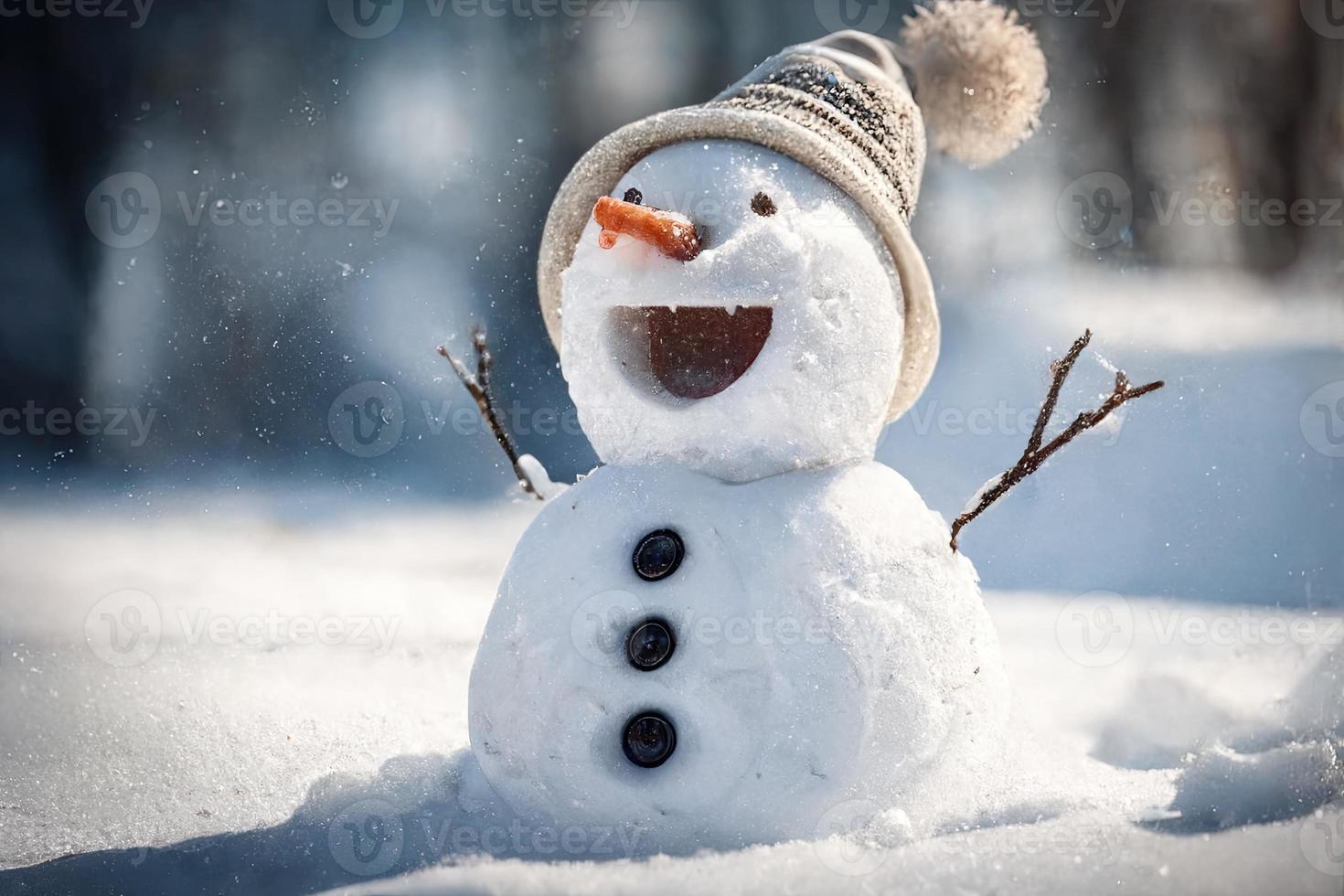 de bonne humeur bonhomme de neige en plein air dans hiver souriant, vacances Contexte photo