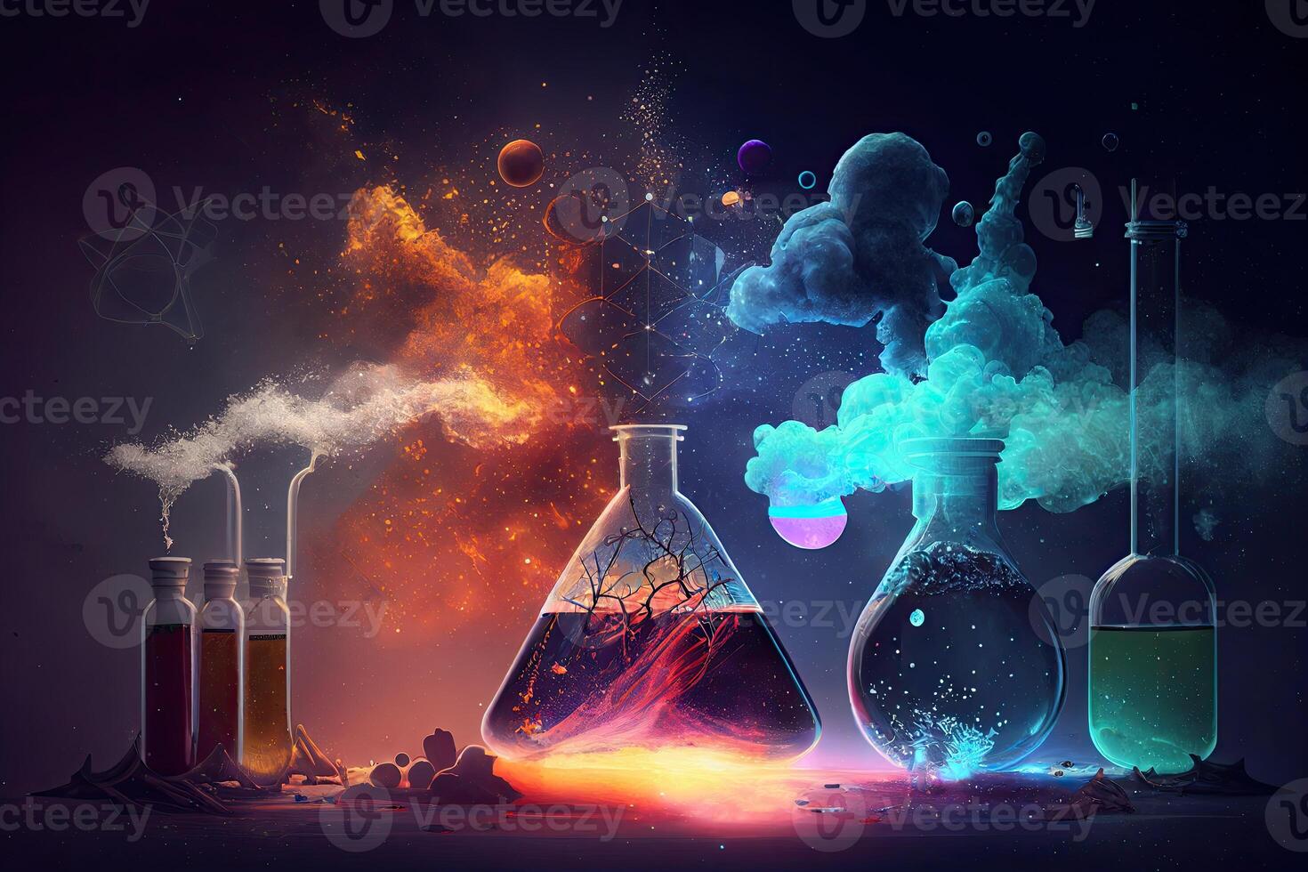 science Contexte illustration, scientifique conception. flacons, verre et chimie, la physique éléments. génératif ai photo