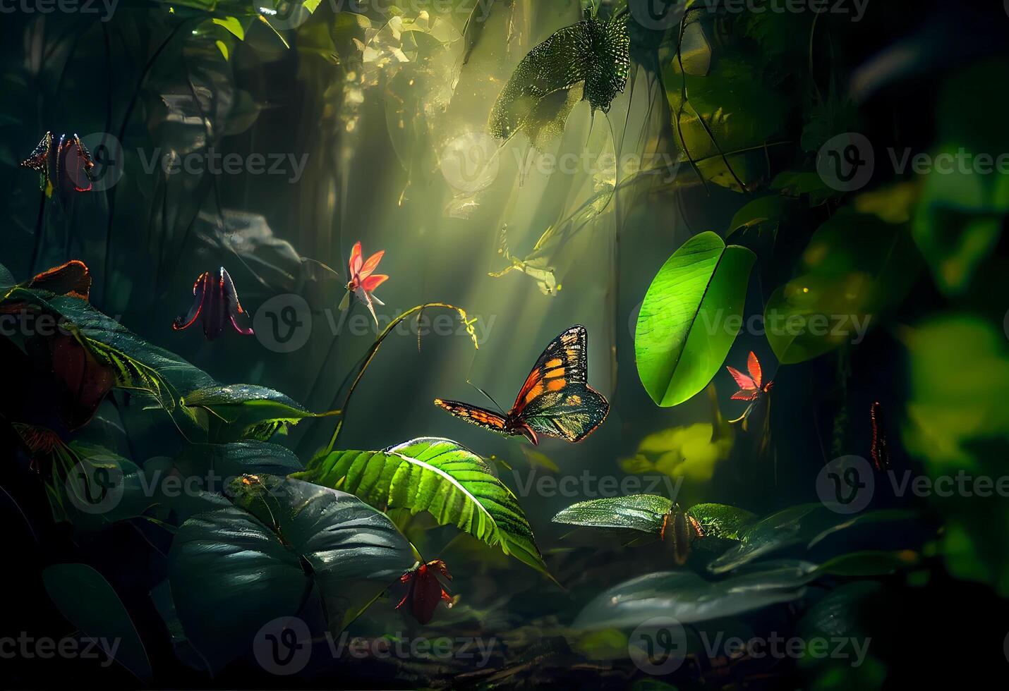 vert jungle avec rayons de soleil et papillons. ai généré photo