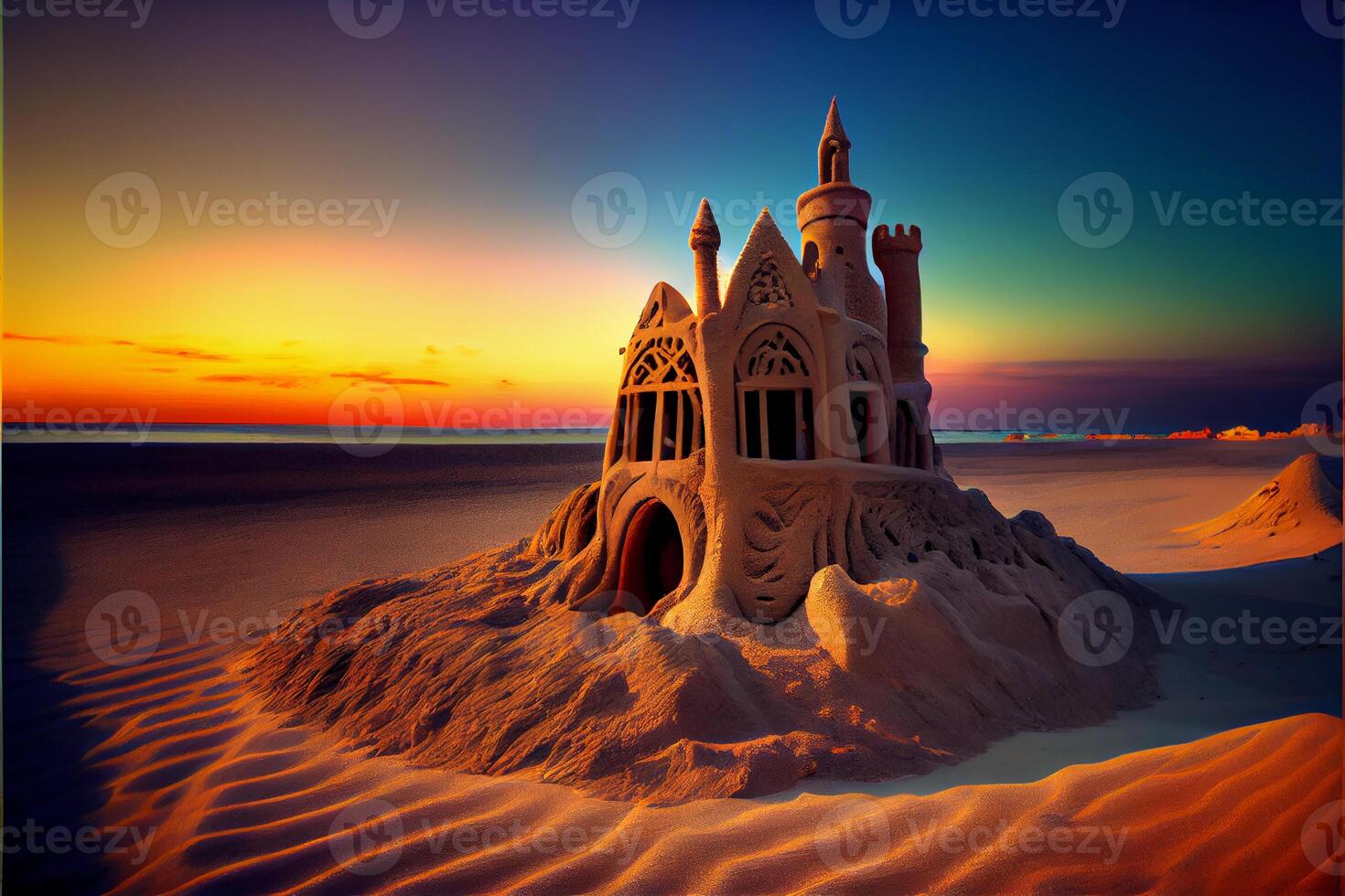 le sable Château sur le plage. le sable amusement. ai généré photo