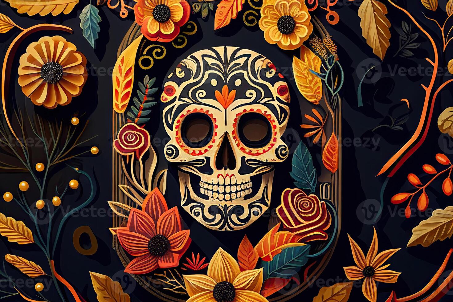 dia de los muertos Contexte journée de le mort art décoration, des os crâne fleur ornement vacances fond d'écran, génératif ai photo