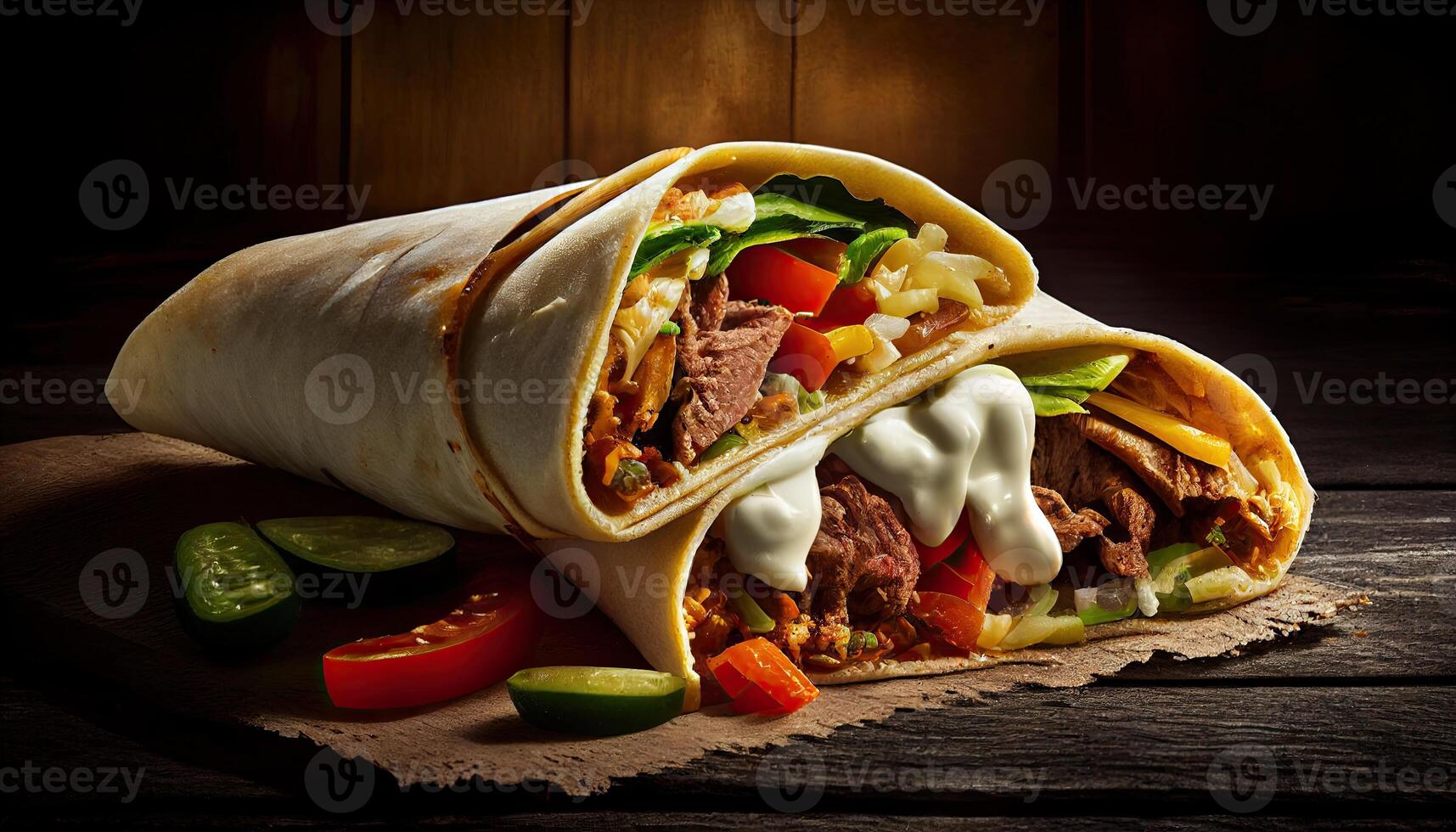 savoureux doner kebab shawarma rouleau emballage illustration. génératif ai nourriture photo