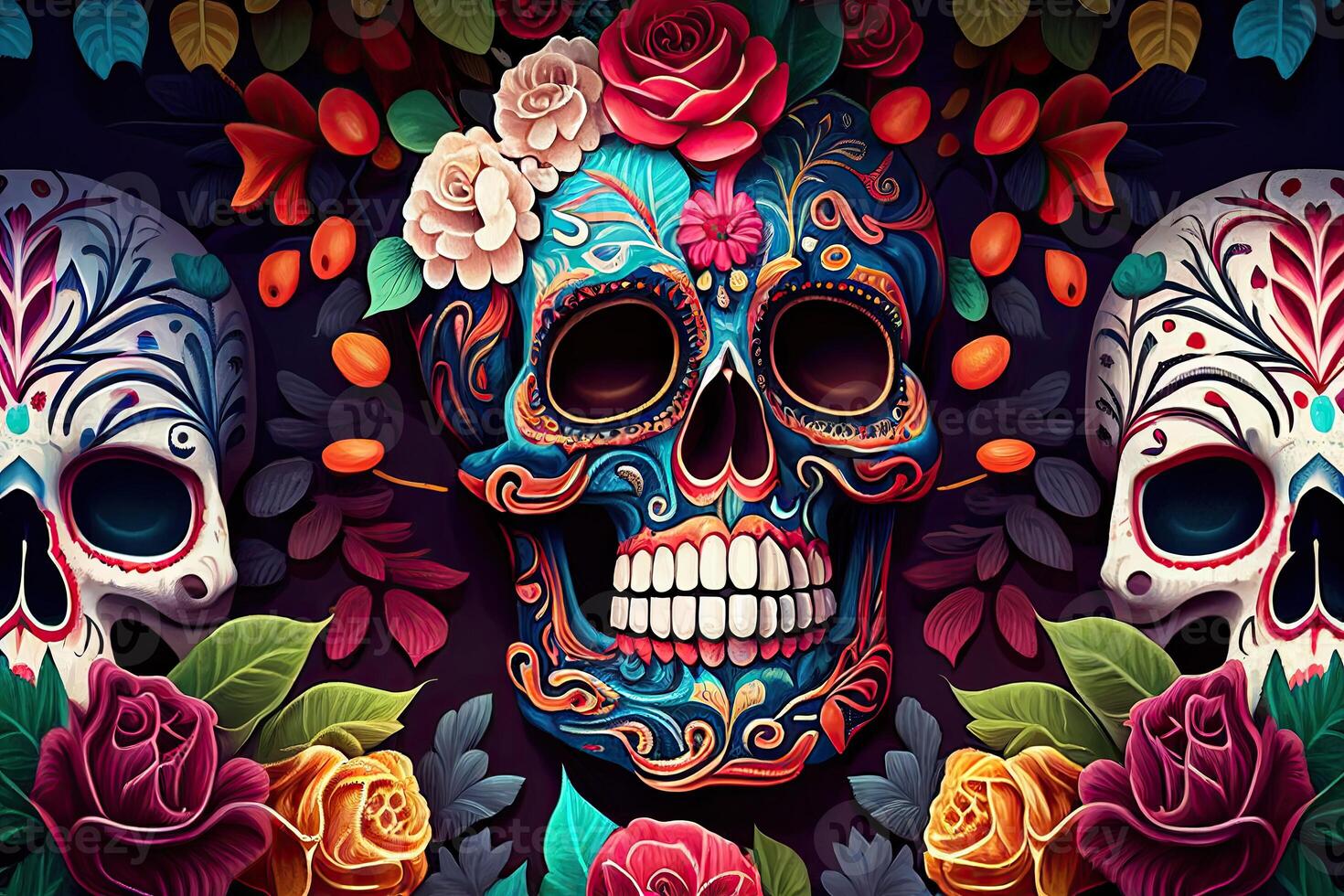 dia de los muertos Contexte journée de le mort art décoration, des os crâne fleur ornement vacances fond d'écran, génératif ai photo