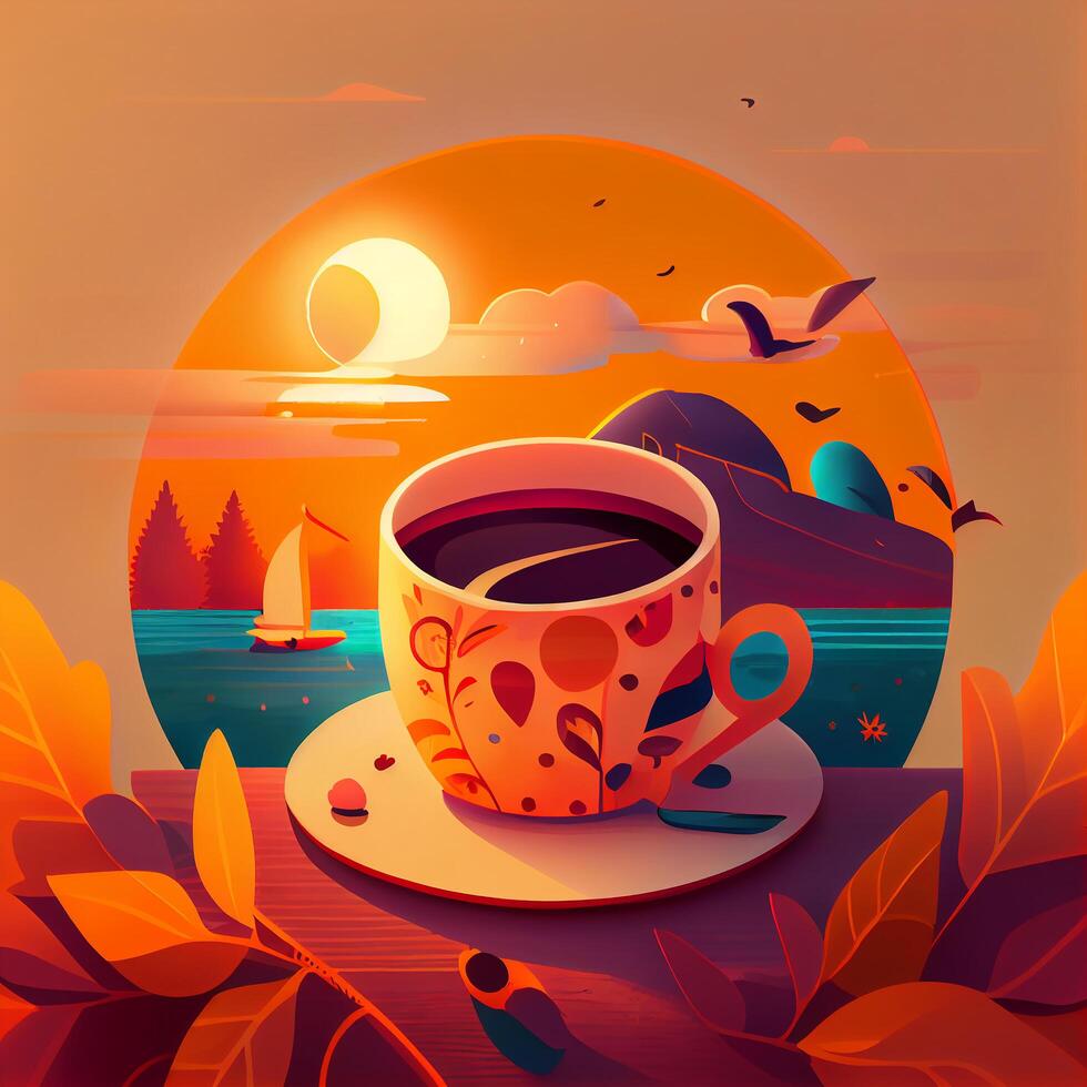 bien Matin avec tasse de café dessin animé illustration génératif ai photo