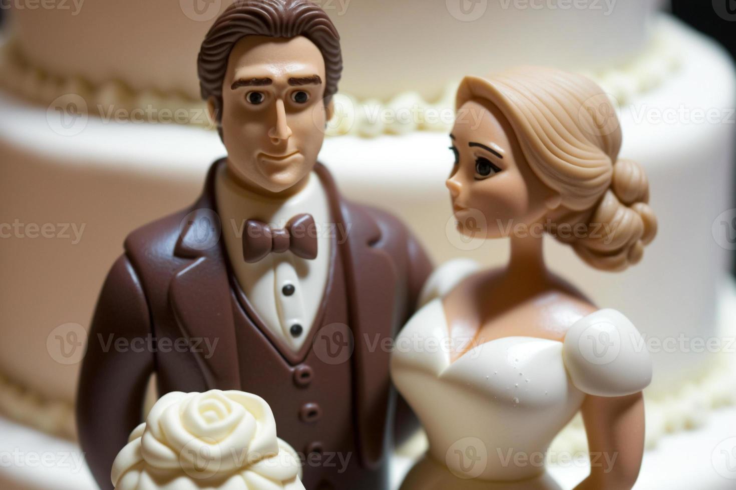 la mariée et jeune marié sur Haut de gâteau ou poupées sur Haut de gâteau. nostalgie et souvenirs de une bien content mariage photo