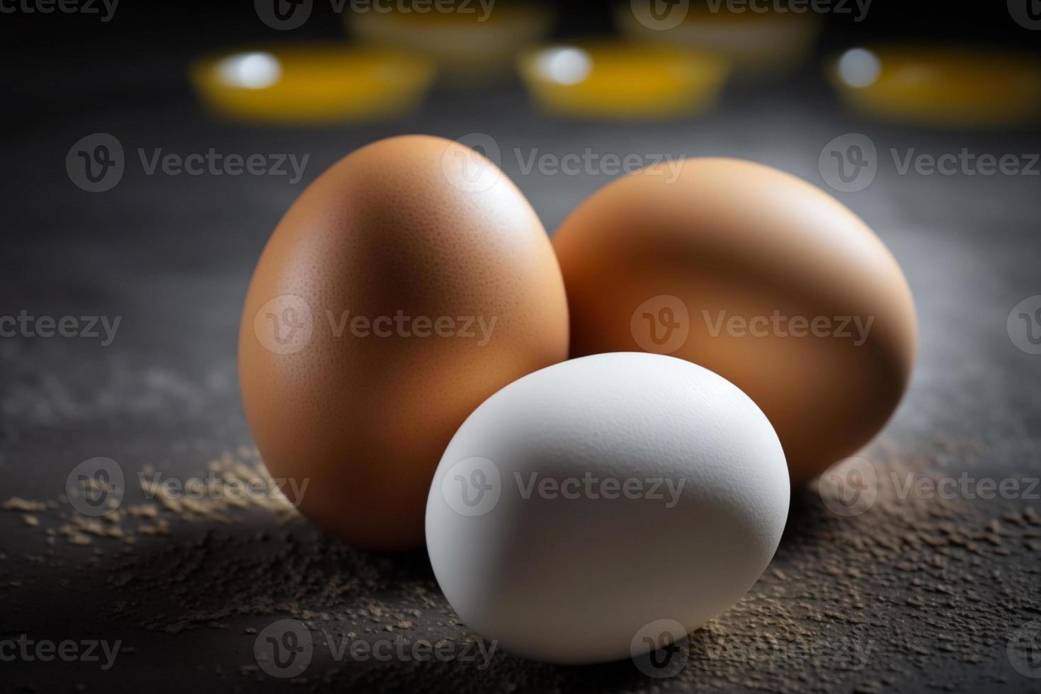 poulet œufs, marron et blanc des œufs sur une tableau. des œufs prêt à être utilisé avec farine et blé dans recette sur le tableau. les types de des œufs utilisé dans gâteau préparation et divers recettes. photo