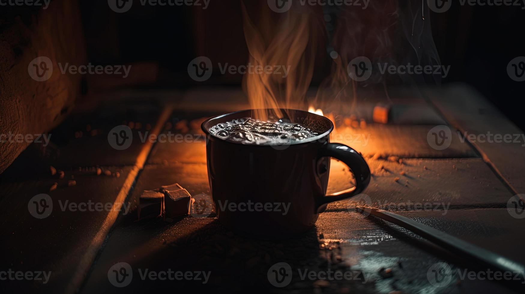 chaud Chocolat avec guimauves dans de face de une cheminée dans hiver photo