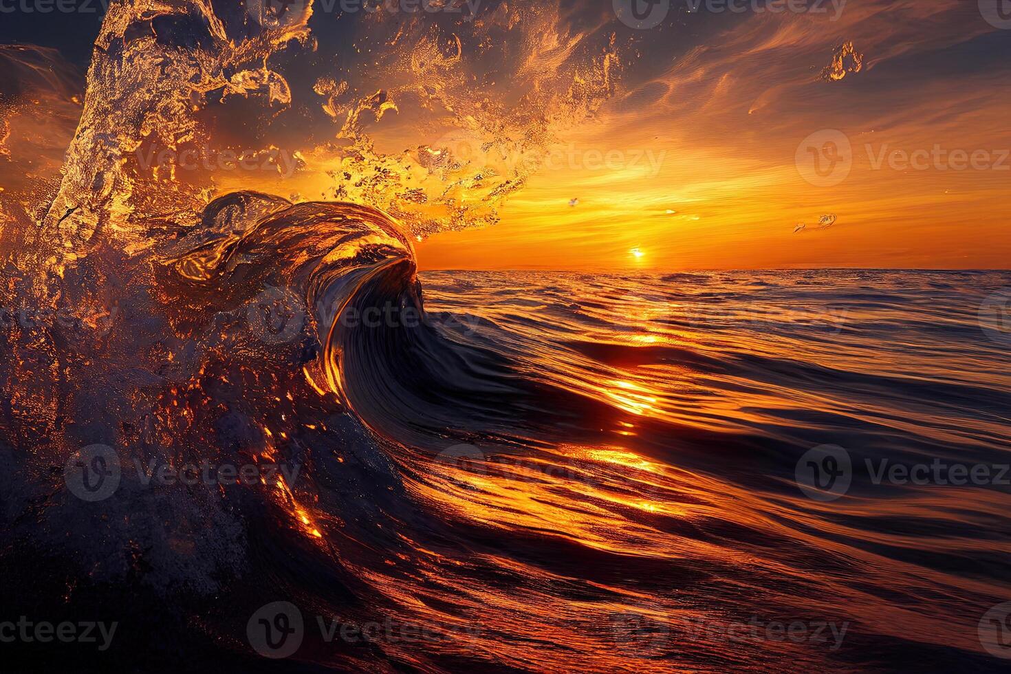 illustration le coucher du soleil entre une vague dans le mer photo