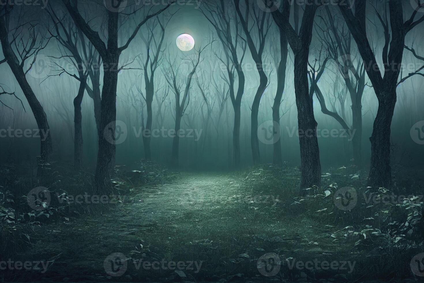 illustration de une terrifiant forêt avec plein lune photo
