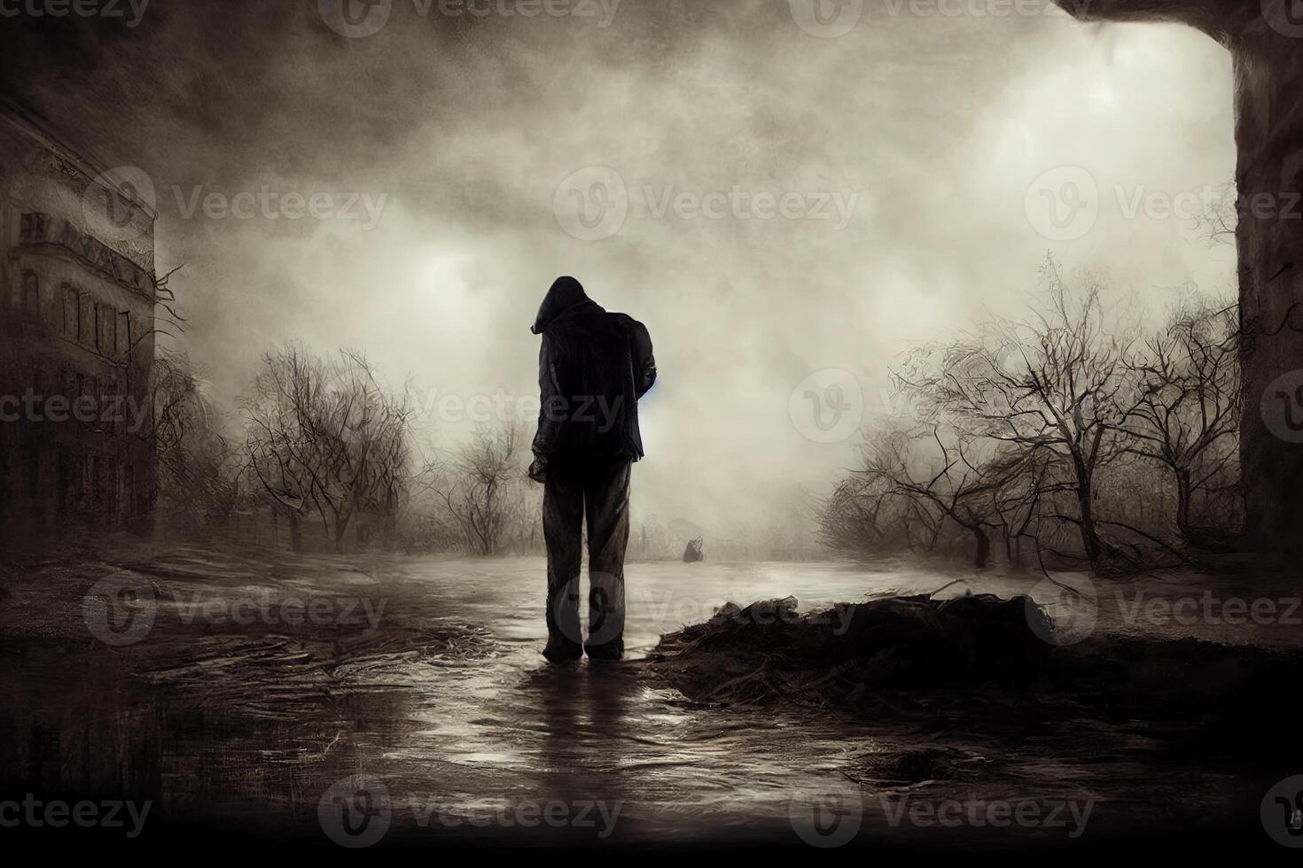 illustration de une la personne avec la dépression seul sur le rue photo