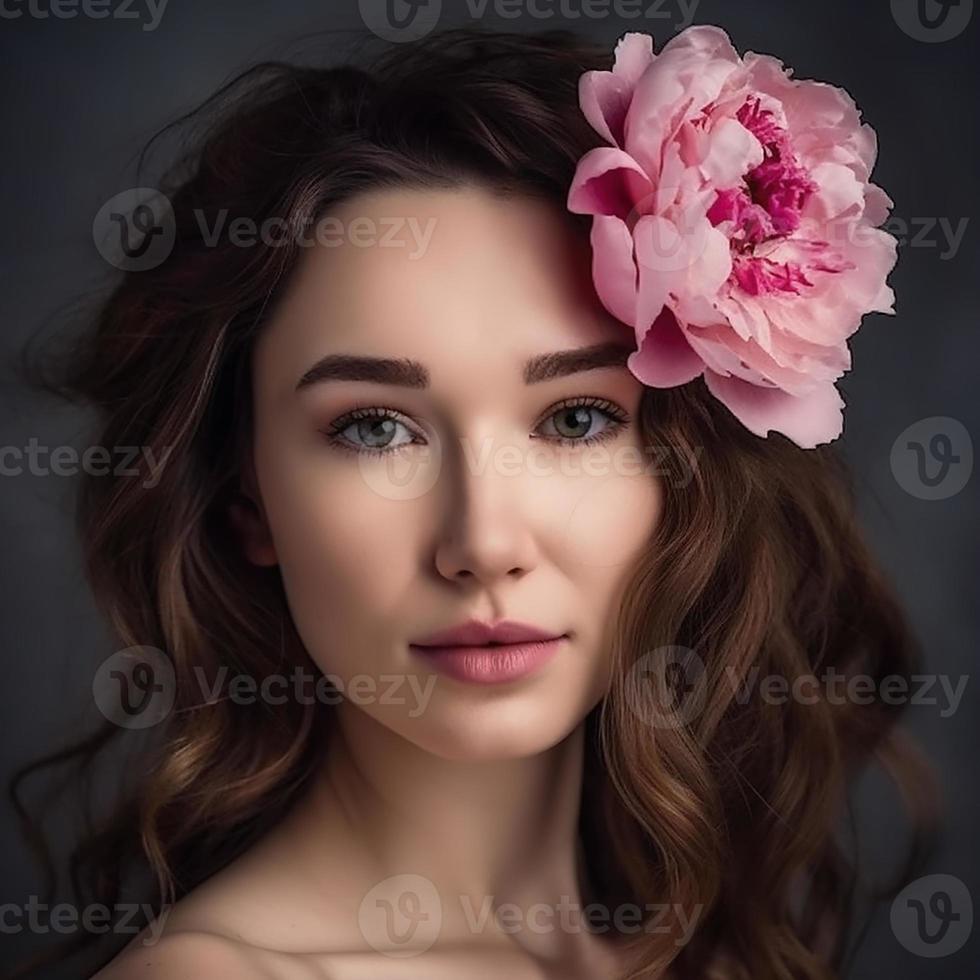 magnifique femme avec pivoine fleurs dans sa cheveux photo