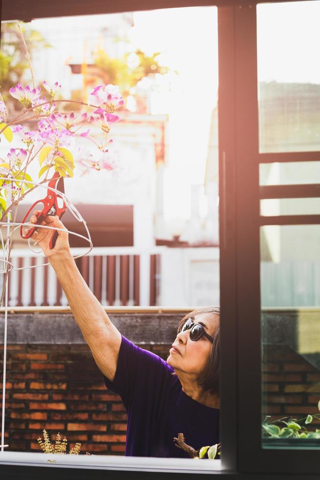 asiatique personnes âgées femme réduire le branches dans le jardin à maison. photo