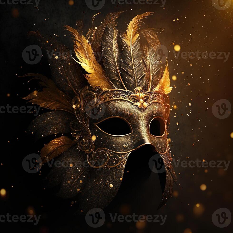 réaliste luxe carnaval masque avec Jaune plumes. abstrait flou arrière-plan, or poussière, et lumière effets. génératif ai photo