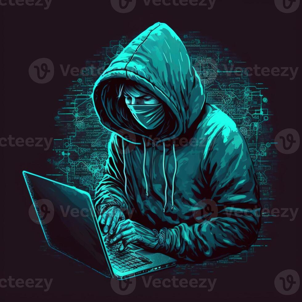 pirate en utilisant l'Internet à pirater abstrait ordinateur serveur. encapuchonné attaquant dans portable vole personnel données. bleu lueur lumière. génératif ai photo