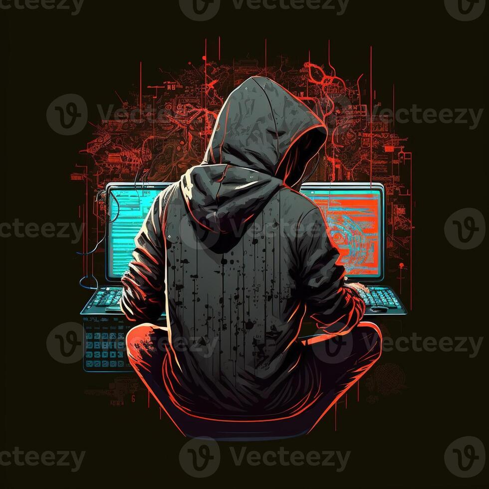 encapuchonné pirate avec portable à travail. symbole de le darknet et illégal Activités sur le l'Internet. génératif ai photo