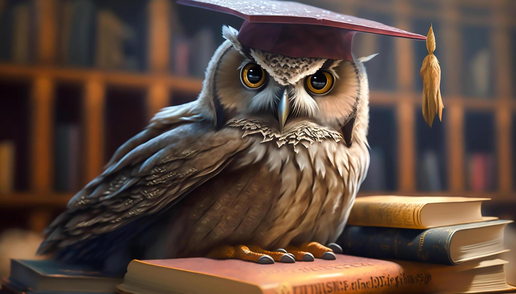 proche en haut un hibou portant diplôme casquette en train de lire livres et apprentissage dans bibliothèque, éducation et connaissance concept, génératif ai photo