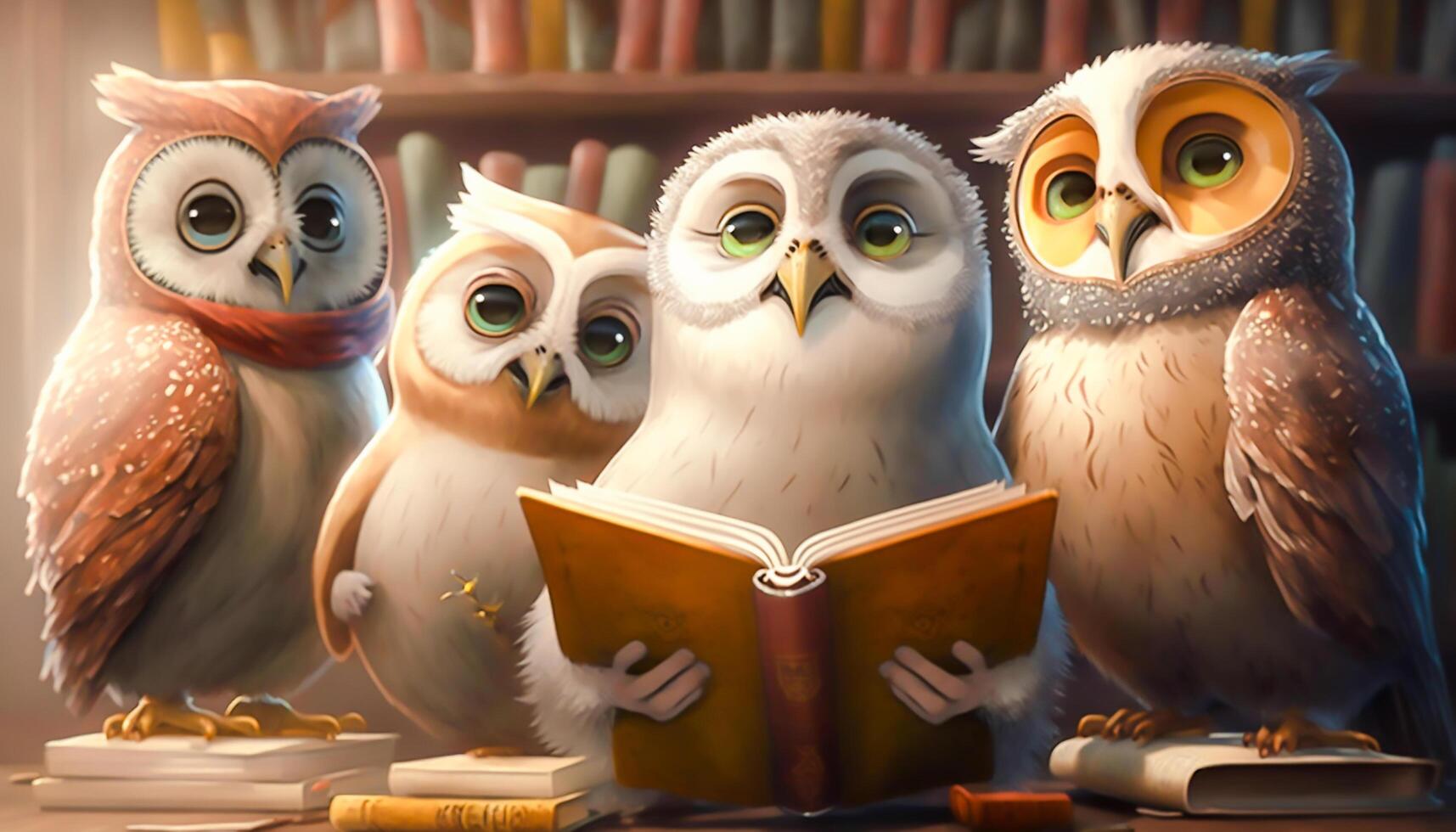 groupe de hibou en train de lire livres et apprentissage dans bibliothèque, éducation et connaissance concept, génératif ai photo