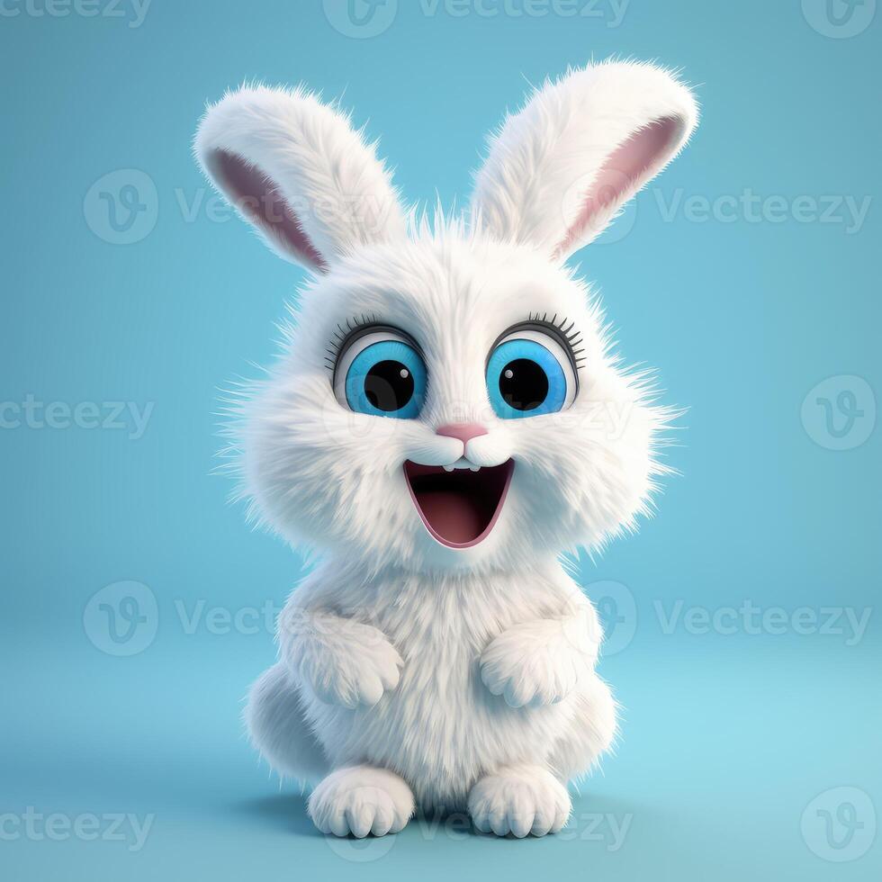 réaliste 3d le rendu de une content, duveteux et mignonne lapin souriant avec gros yeux à la recherche tout droit à toi. établi avec génératif ai photo