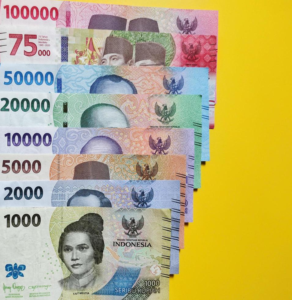 Nouveau billets de banque Publié dans 2022 de 1 000 rp à 100 000 rp. indonésien Rupiah devise concept isolé sur une Jaune Contexte. Haut vue photo