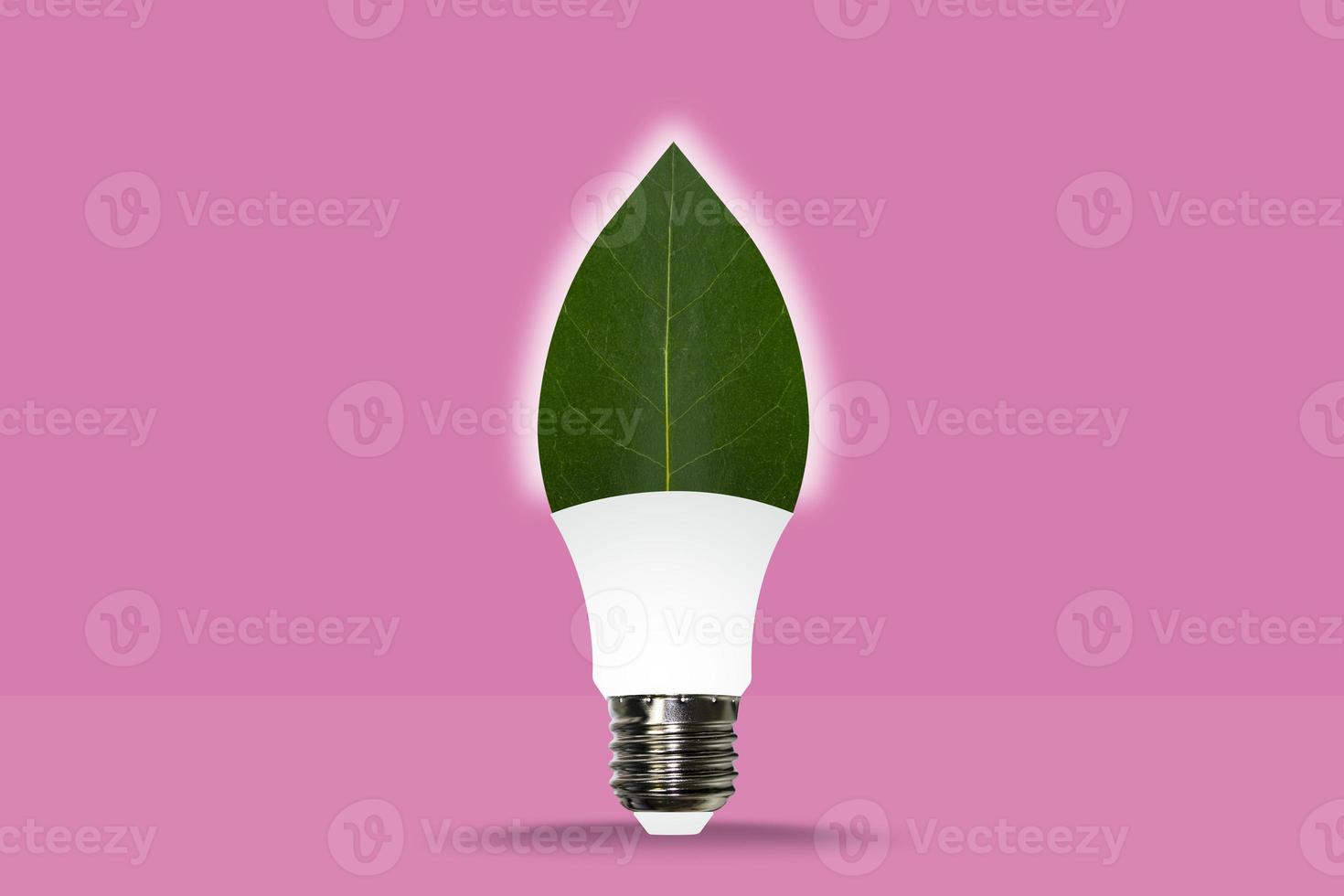 une ampoule dans le forme de une vert feuille sur une pastel rose Contexte photo