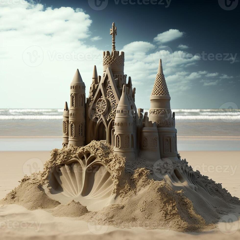 château de sable sur le plage. génératif ai photo