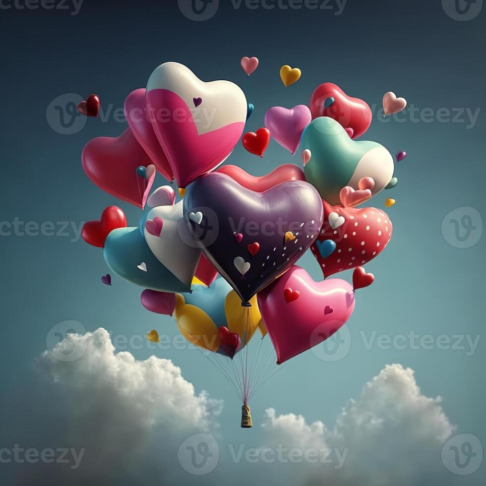 une bouquet de coloré en forme de coeur des ballons dans le ciel avec des nuages, la Saint-Valentin journée. génératif ai photo