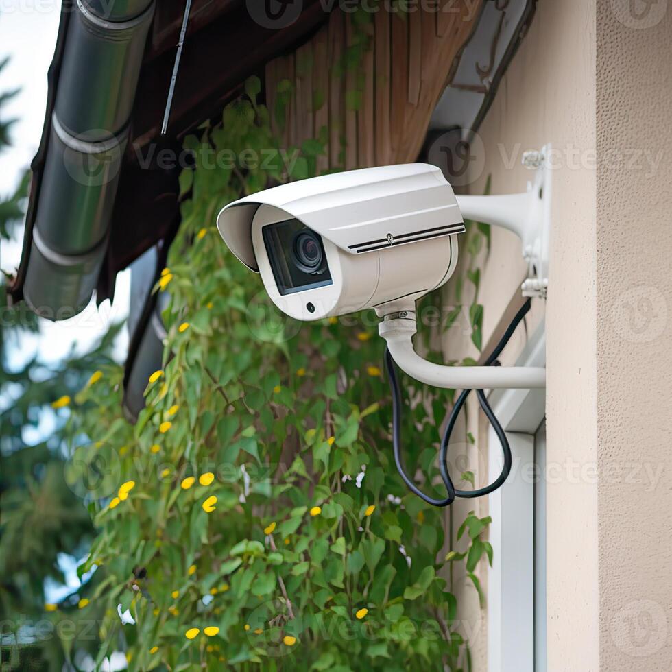 sécurité, vidéosurveillance appareils photo dans le Bureau bâtiment, et Accueil Sécurité système concept avec brouiller Contexte. Extérieur vidéosurveillance Sécurité caméra installée sur le bâtiment mur dans le ville. génératif ai