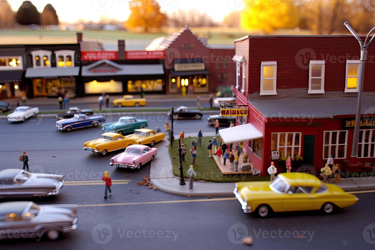 ville la vie avec vivant bâtiment façades et gens en marchant à rue, aérien voir. Urbain Infrastructure. modèle de ville rue dans miniature, inclinaison changement. établi avec génératif ai photo