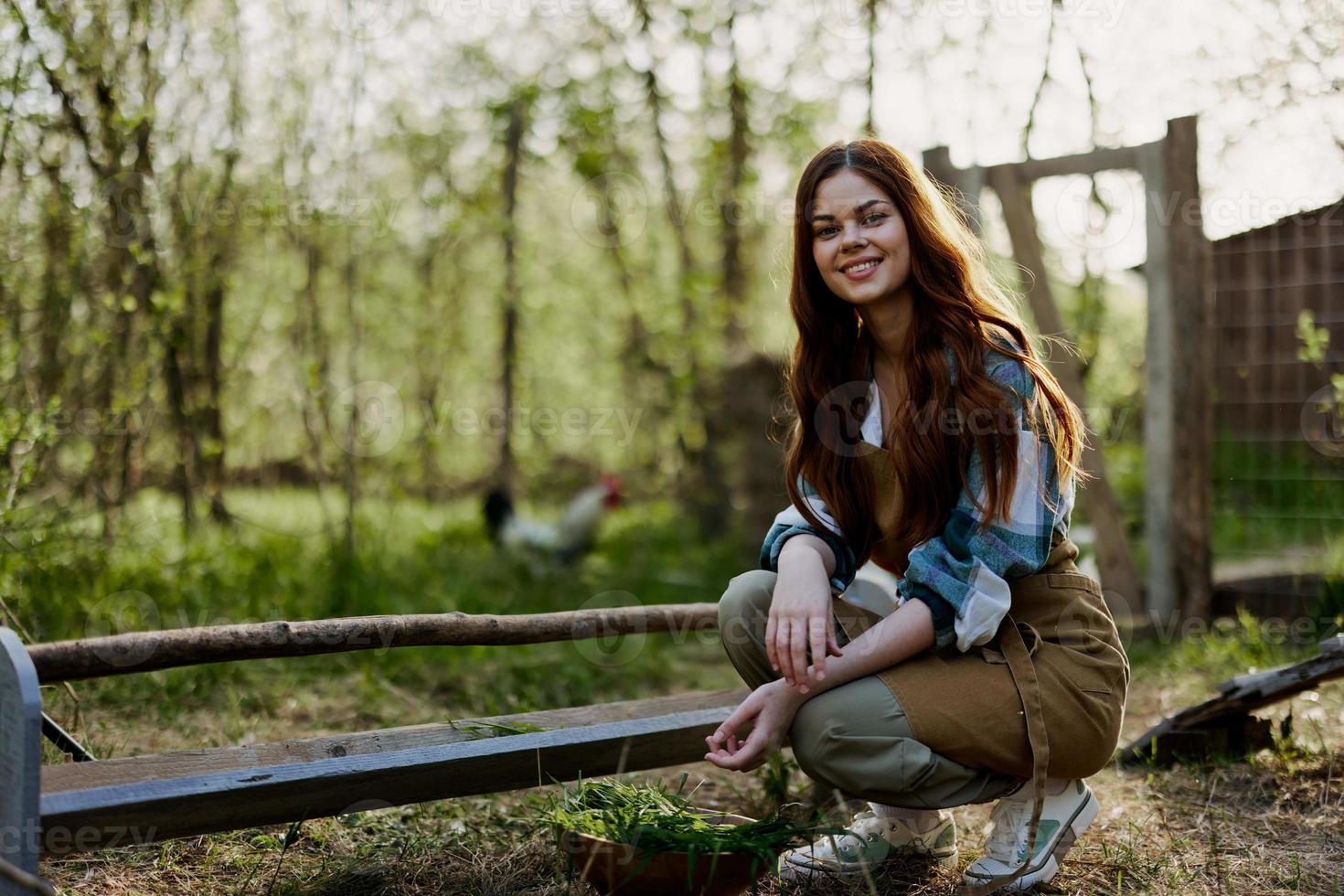 une Jeune femme agriculteur est assis à une oiseau mangeoire et chèques le composition de le grain à alimentation le poulets dans une stylo dans le campagne photo