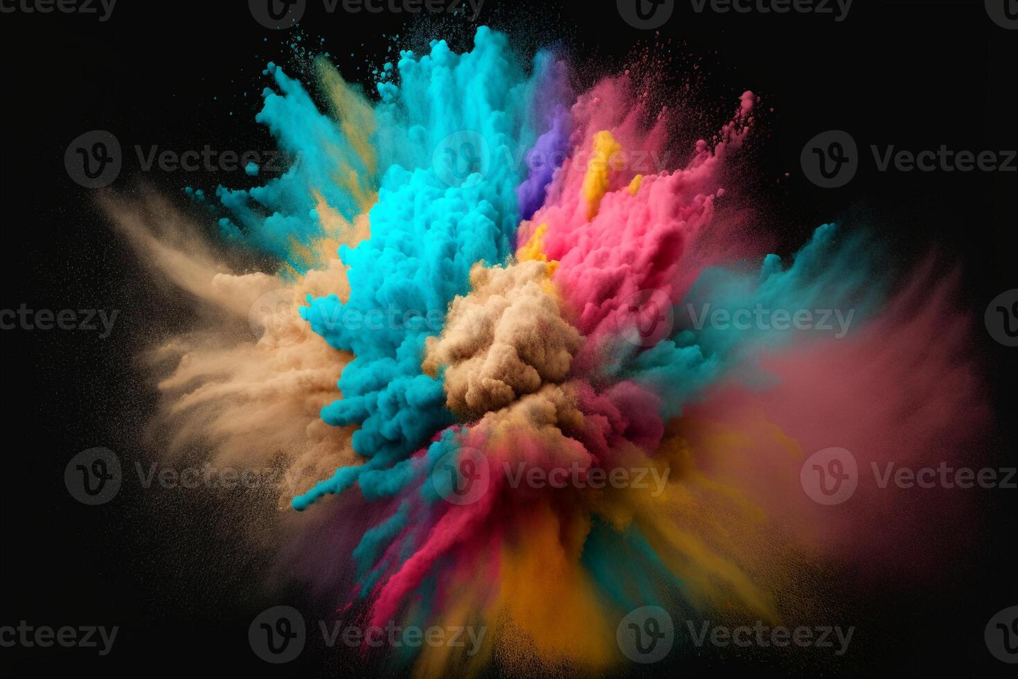 explosion de nuageux, coloré poudre. Geler mouvement de Couleur poudre exploser, sur noir arrière-plan, génératif ai. photo