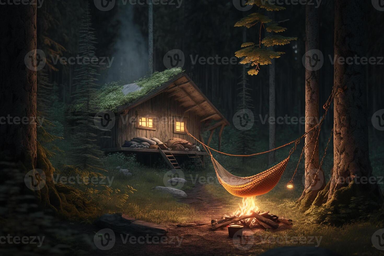 hamac et feu près le maison dans le forêt Extérieur des loisirs génératif ai photo