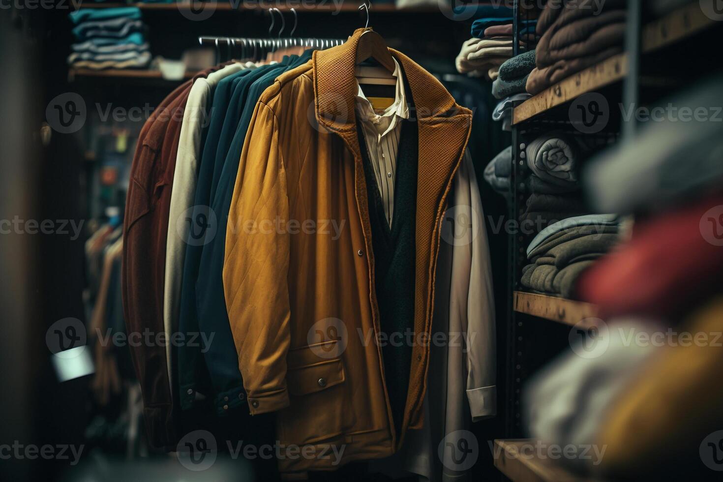 vêtements d'extérieur magasin, vêtements sur cintres génératif ai photo