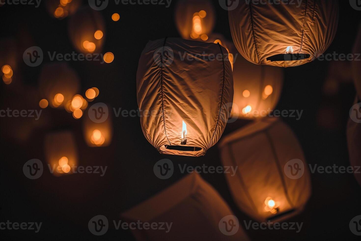 célébrer nuit en volant papier les lampes lumières dans le ciel génératif ai photo