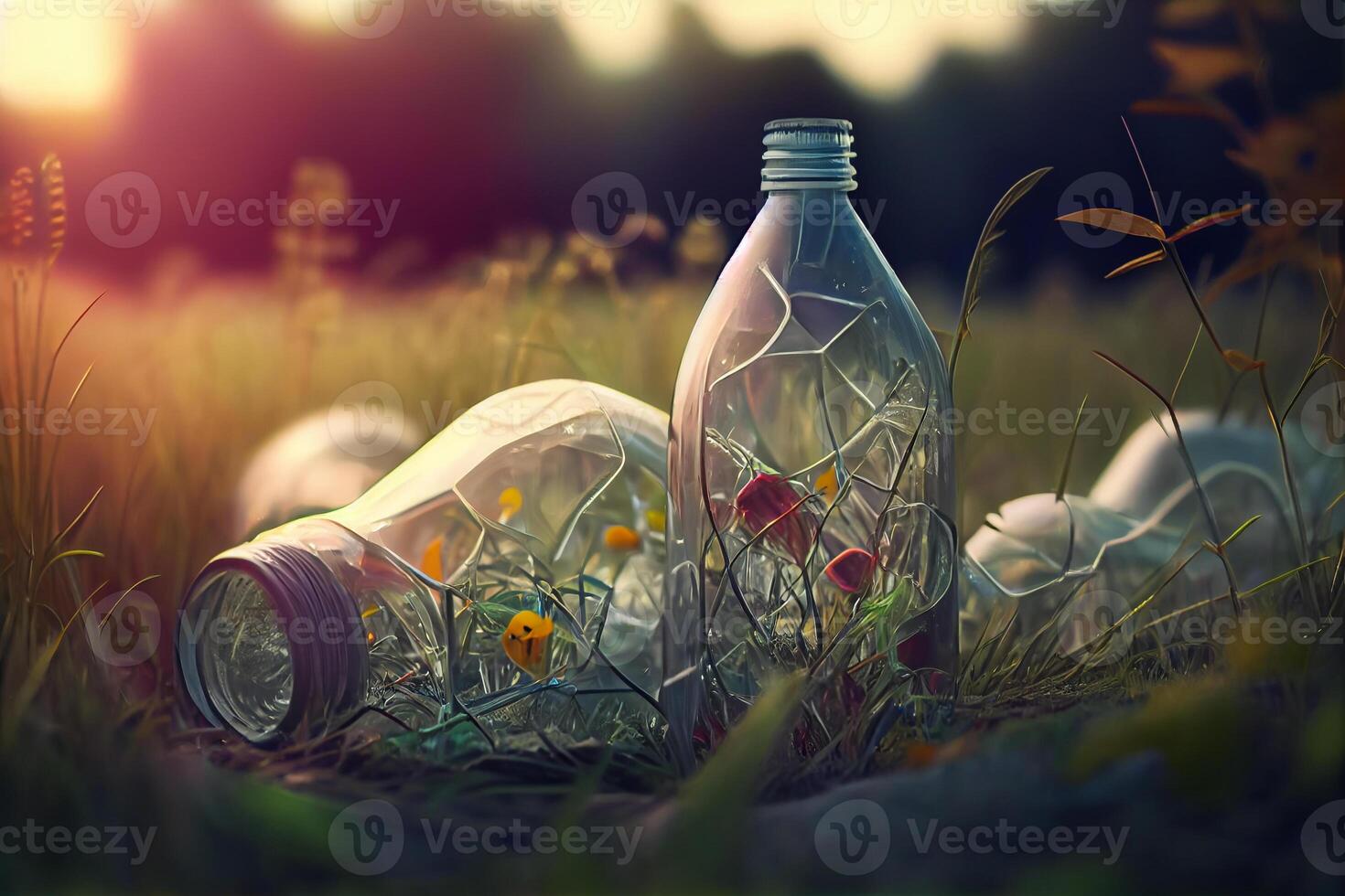 la pollution Plastique la nature bouteilles sur le herbe illustration génératif ai photo