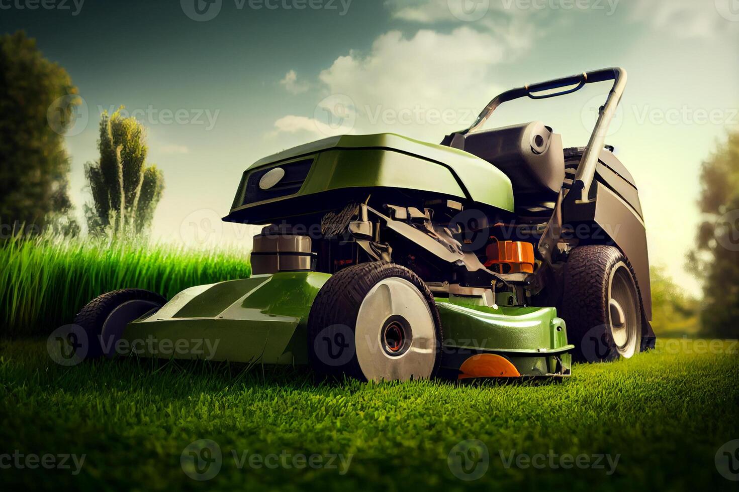 arrière-cour pelouse tondeuse sur vert herbe illustration génératif ai photo