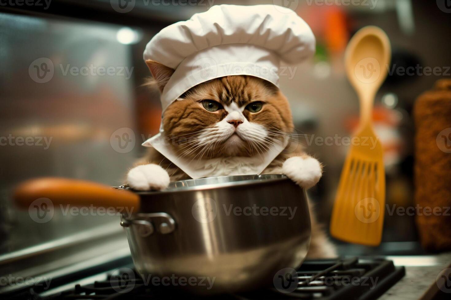 marrant chat dans une chef chapeau cuisine nourriture dans le cuisine génératif ai photo