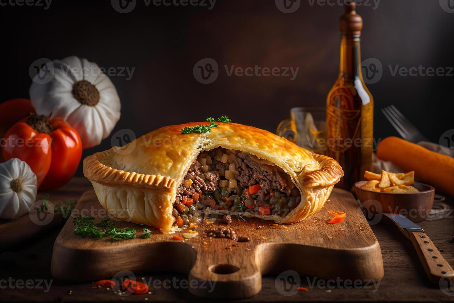 chaud Viande tarte avec juteux remplissage génératif ai photo