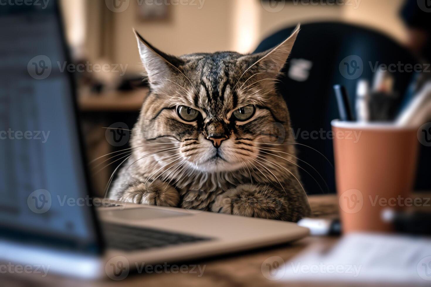 chat pigiste travail sur une portable génératif ai photo