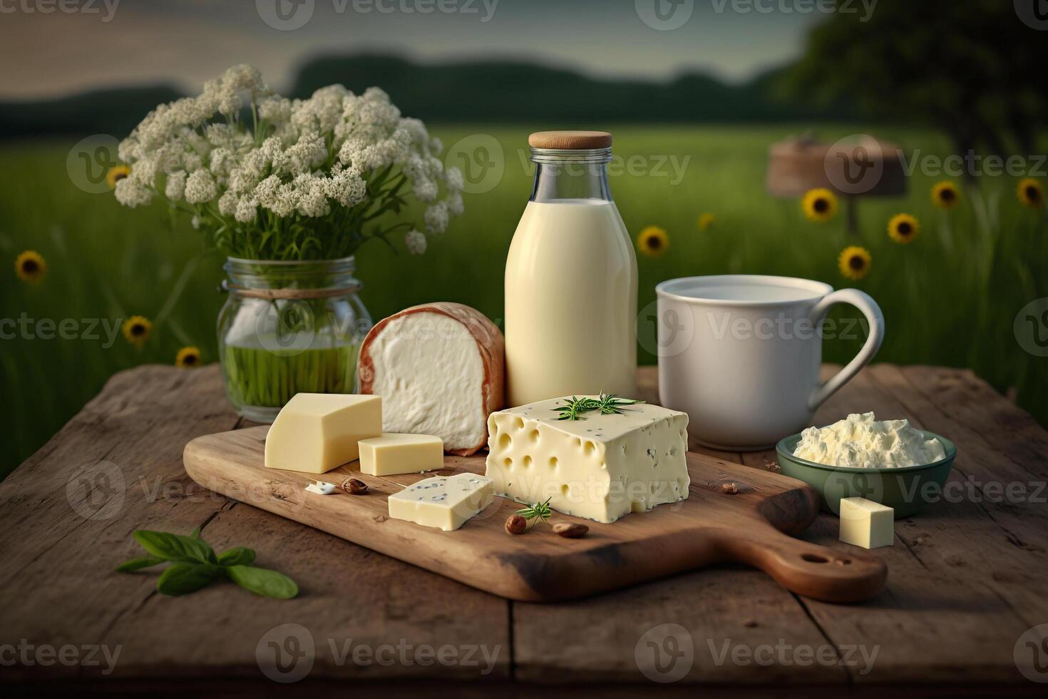 fromage et laitier des produits sur la nature Contexte génératif ai photo