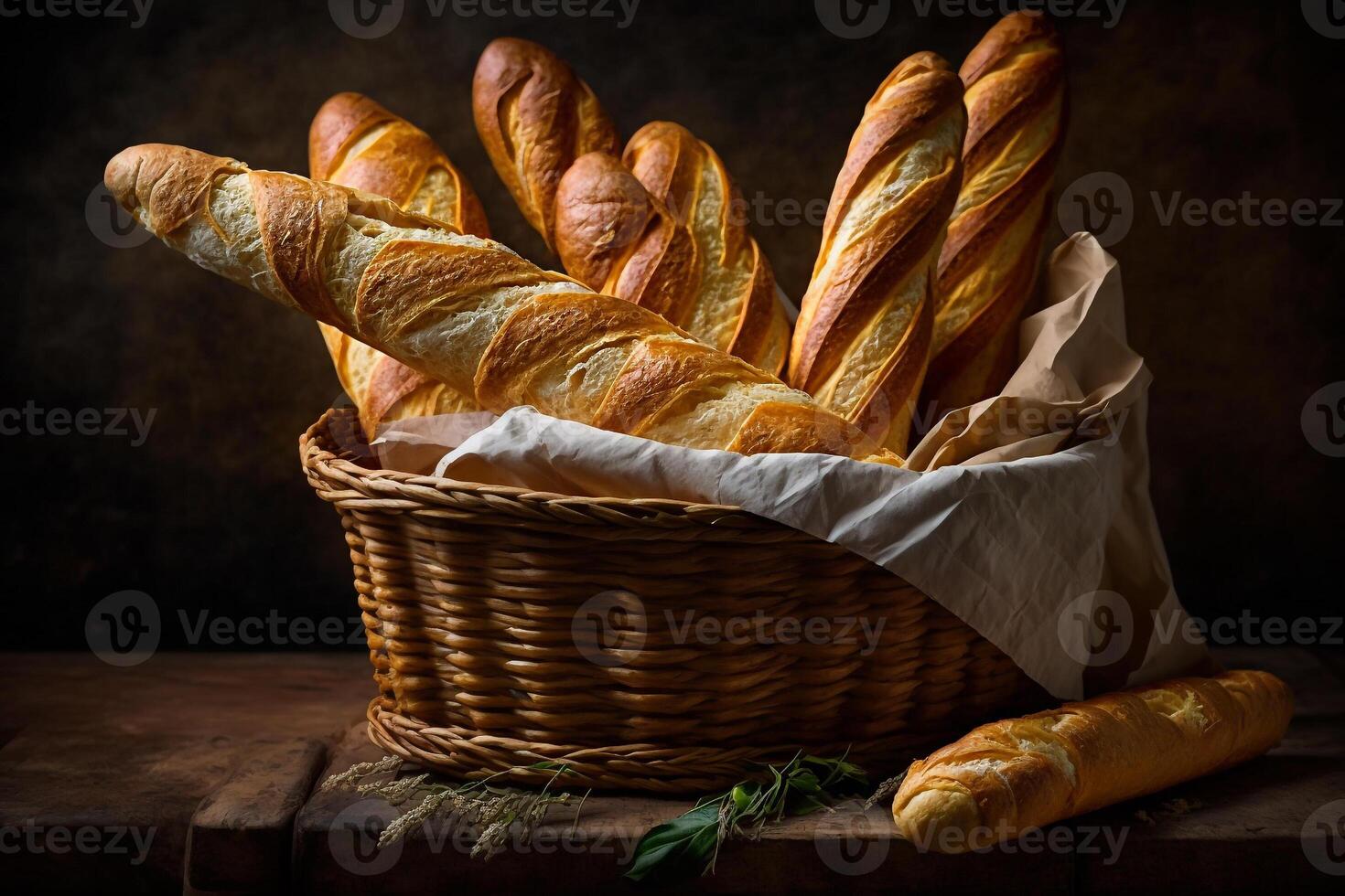 cuit pain baguettes dans une panier, fait maison pain génératif ai. photo