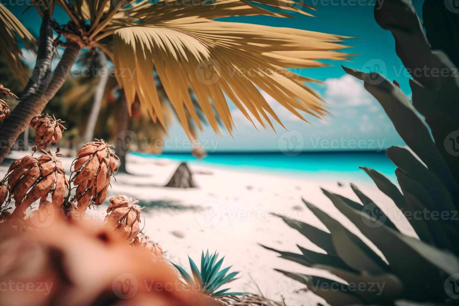 tropical plage avec bleu l'eau et paume des arbres, été paysage illustration génératif ai photo