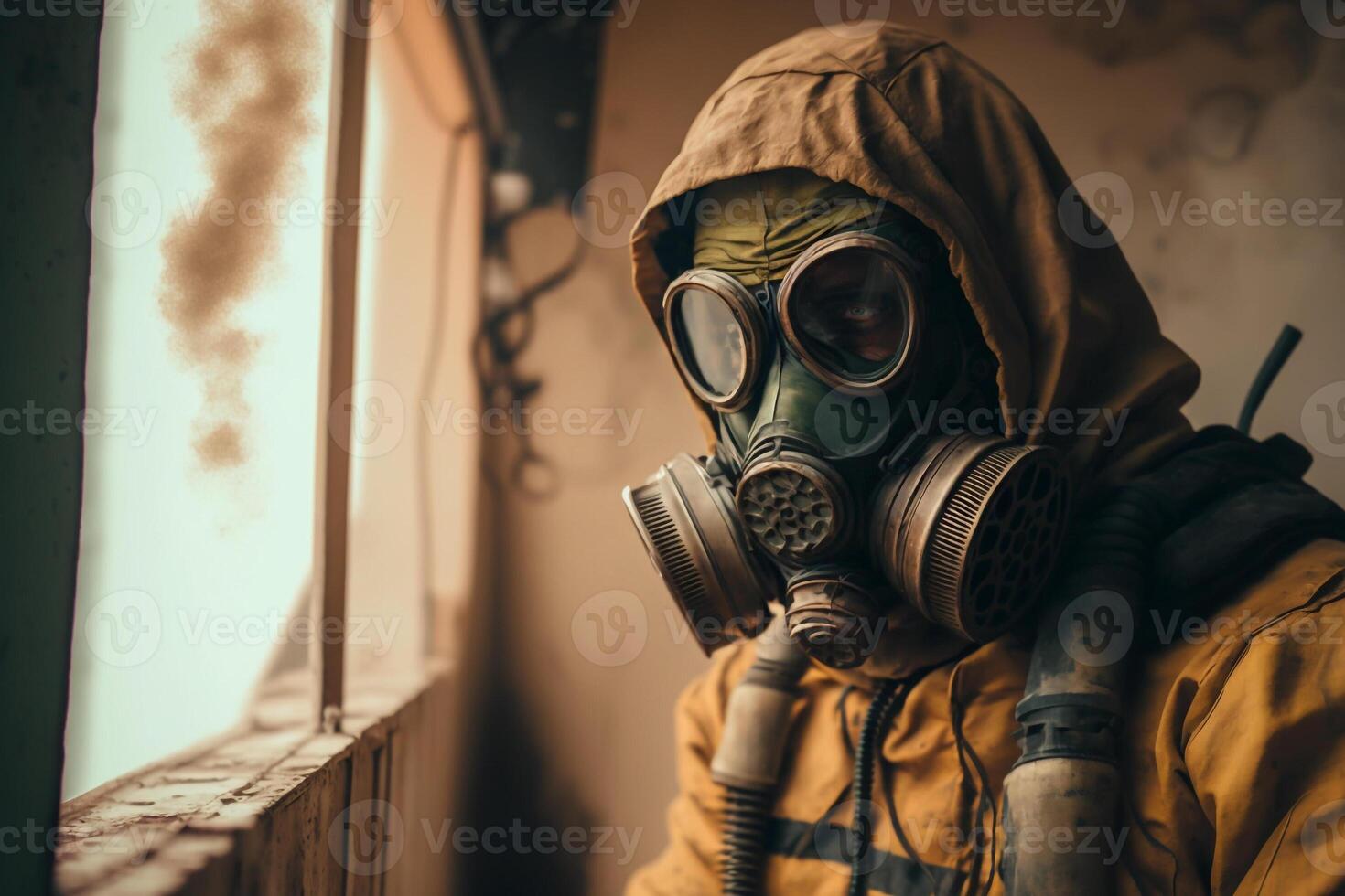 homme dans gaz masque, chimique guerre génératif ai photo