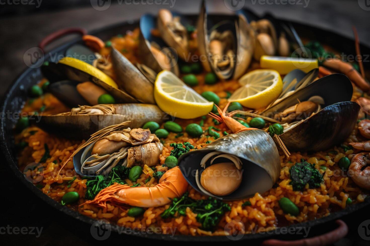 Espagnol plat riz et Fruit de mer Paëlla éclatement génératif ai photo