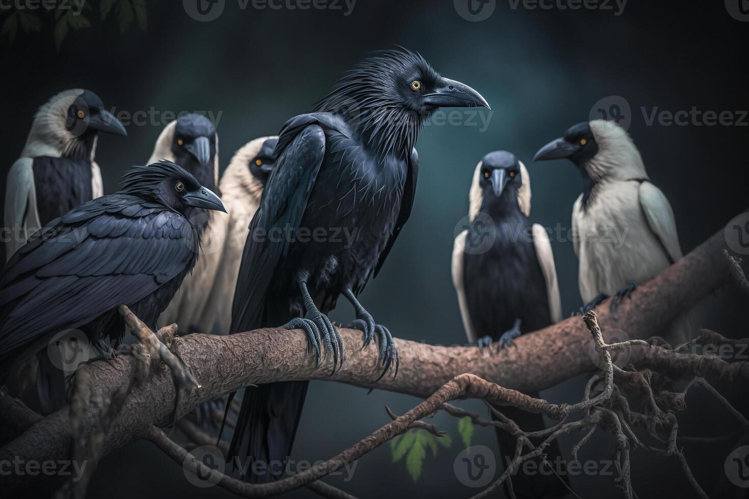 noir et blanc corbeaux corbeaux sur une branche génératif ai photo