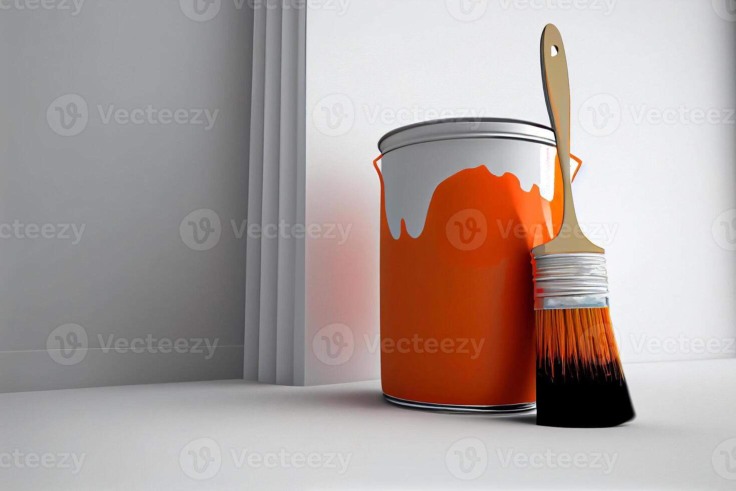 Orange peindre et brosse dans une blanc pièce pour La peinture le des murs illustration génératif ai photo