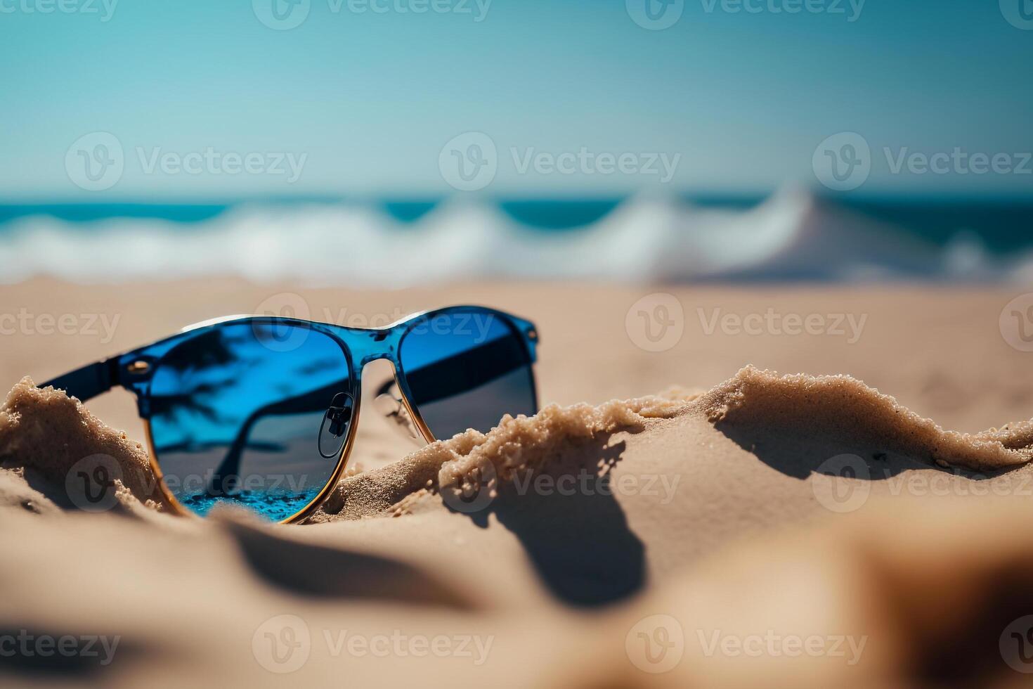 bleu des lunettes de soleil sur le le sable de le plage par le mer, été vacances génératif ai photo