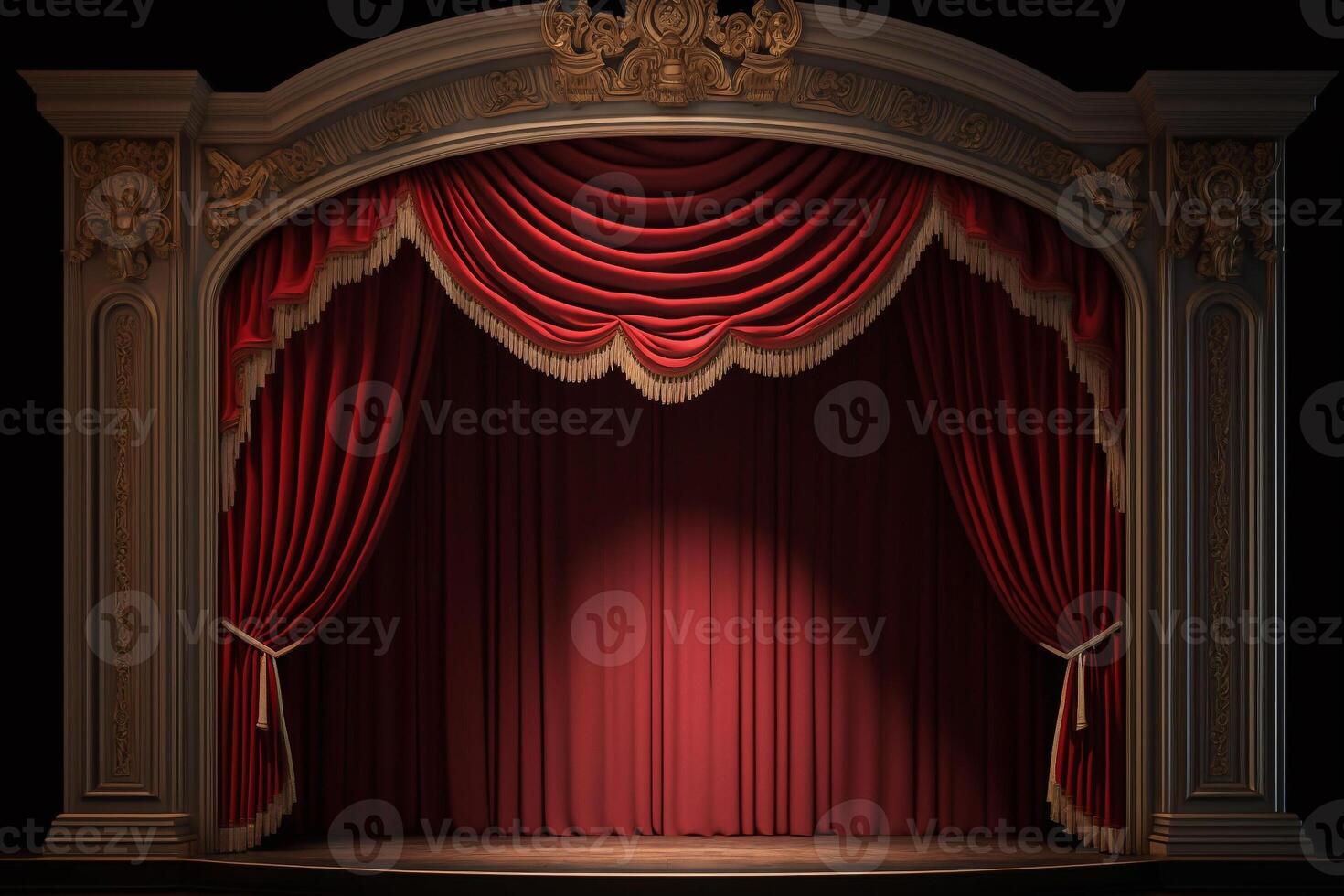 vide théâtre étape avec rouge rideaux génératif ai photo