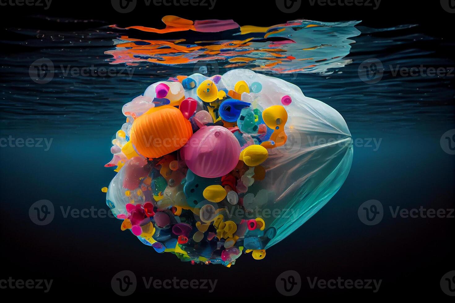 océan la pollution Plastique poubelle dans le l'eau illustration génératif ai photo