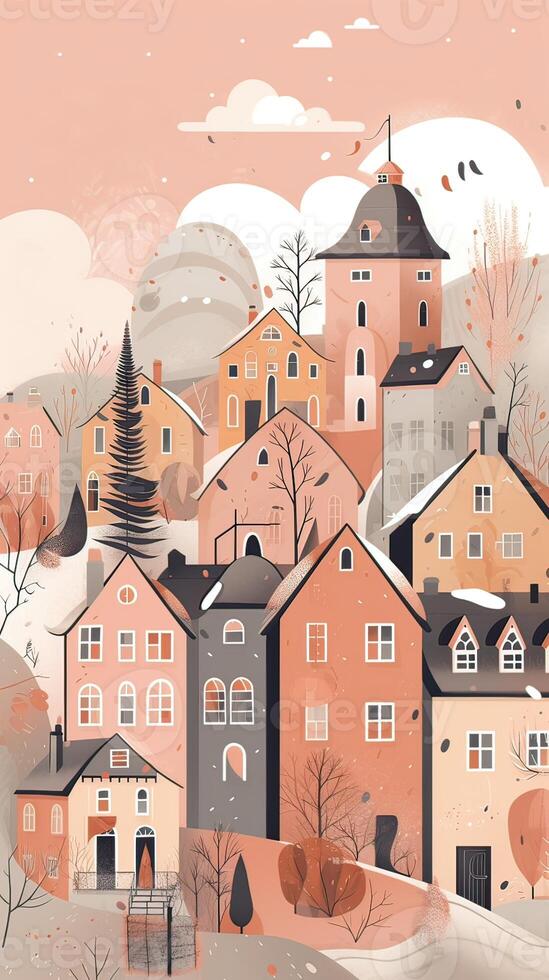 mignonne Maisons, ville bâtiments dans scandinave style. confortable ville panorama avec Accueil extérieurs, scandi architecture. Urbain rue avec cheminées, fumée. plat illustration. génératif ai. photo