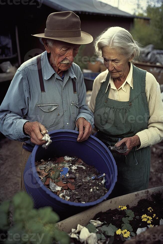 personnes âgées couple le compostage leur nourriture déchets. génératif ai photo